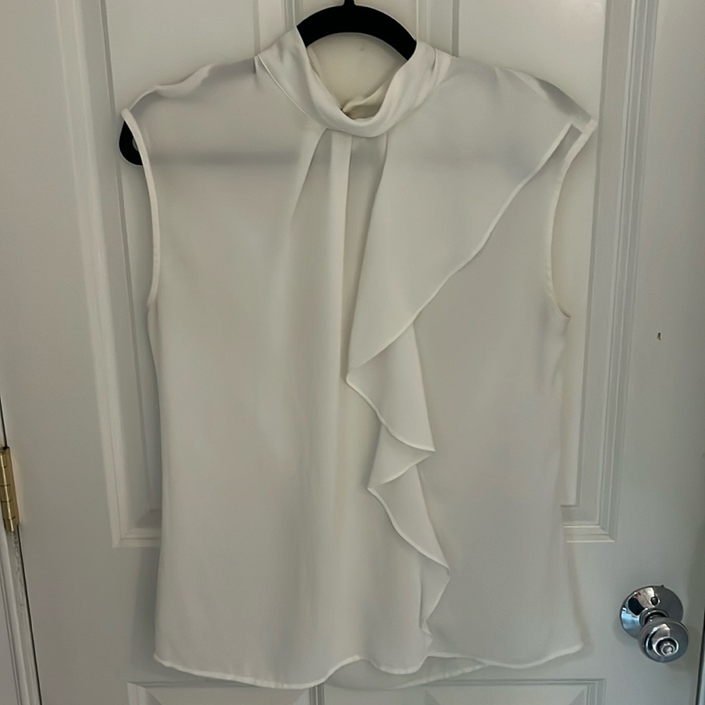 New York and company sheer white high neck blouse w/ ruffle detailing size small